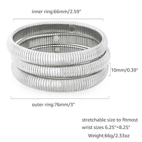 Gold Chunky Stretch Snake Chain Bangle Bracelets Stack for Women Trendy, 18K Gold Filled Stainless Steel Stretchy Womens Stackable Wristband Bangles Bracelet Set - style: 3PCS SILVER 10MM EACH
