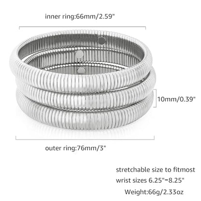 Gold Chunky Stretch Snake Chain Bangle Bracelets Stack for Women Trendy, 18K Gold Filled Stainless Steel Stretchy Womens Stackable Wristband Bangles Bracelet Set - style: 3PCS SILVER 10MM EACH