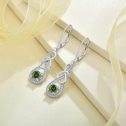 Dangle Drop Earrings for Women 925 Sterling Silver Heart Infinity Leverback Earrings Birthstone Jewelry Gifts for Women Wife Girlfriend Mother Daughter Her - color: 08 August - Peridot