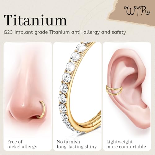 WYR 3Pcs Hypoallergenic Titanium Nose Rings for Women Men 16G 18G 20G | Black/Gold/Silver Seamless Septum Ring CZ & Double Hoop Clicker Conch Earrings Cartilage Piercing Jewelry 7mm 8mm 10mm - color: Gold, size: 20g 8mm