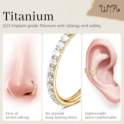 WYR 3Pcs Hypoallergenic Titanium Nose Rings for Women Men 16G 18G 20G | Black/Gold/Silver Seamless Septum Ring CZ & Double Hoop Clicker Conch Earrings Cartilage Piercing Jewelry 7mm 8mm 10mm - color: Gold, size: 20g 8mm