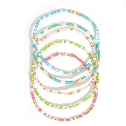 14K Gold Plated Beaded Bracelets Stack Set for Women,Stretch Boho Ball Jewelry Friendship Trendy - color: Blue