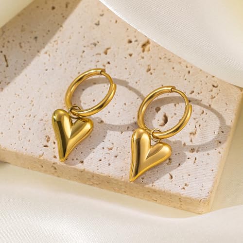 Charm Heart Huggie Hoop Earrings for Women,Lightweight 14K Gold Plated Love Heart Drop Dangle Earrings Minimalist Jewelry - color: Gold heart hoop earrings