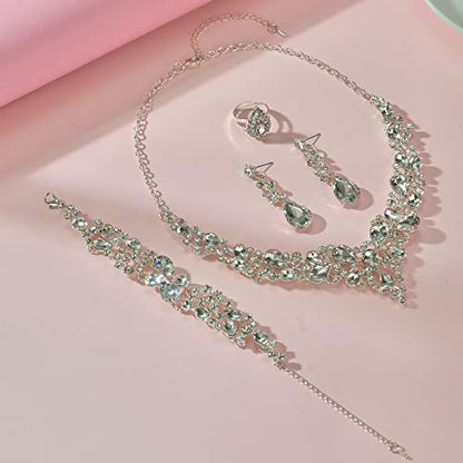 Paxuan Crystal Bridal Wedding Jewelry Sets for Women Rhinestone Teardrop Crystal Statement Choker Necklace Drop Earrings Link Bracelets Rings Teardrop Jewelry Set for Brides Bridesmaids - color: White