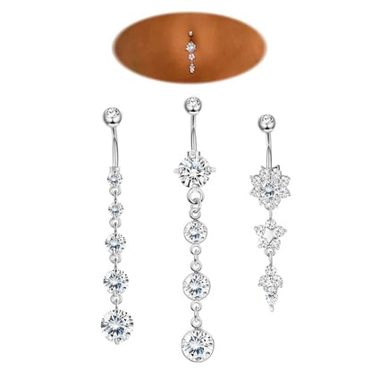 JOERICA 3-6Pcs 14G 316L Stainless Steel Belly Button Rings for Women Flower CZ Dangle Belly Button Rings Navel Piercing Jewelry - style: 3Pcs,Silver-tone