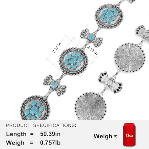 Montana West Rustic Couture's Turquoise Western Concho Chain Belt for Women | Large Western Cowgirl Metal Adjustable Boho Body Chain Belt for Dresses Jeans Country Concert - color: Turquoise