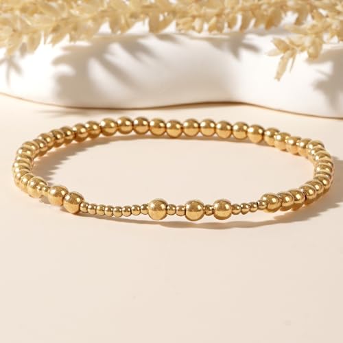 14K Gold Plated Beaded Bracelets Stack Set for Women,Stretch Boho Ball Jewelry Friendship Trendy - color: Gold
