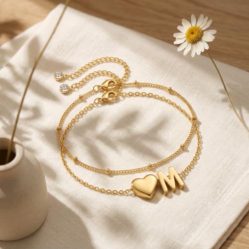 Gold Plated Layered Initial Charm Bracelet for Women - Personalized A-Z Letter Jewelry with Satellite Chain, Adjustable Bracelet Gift for Her, Everyday Wear - color: Gold-M