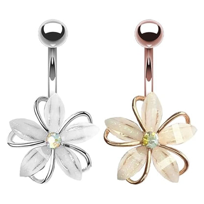 VERAMI 14G 316L Flower Belly Button Ring Surgical Steel Cute Flower Belly Button Ring Body Piercing Jewelry - color: SILVER & ROSE GOLD