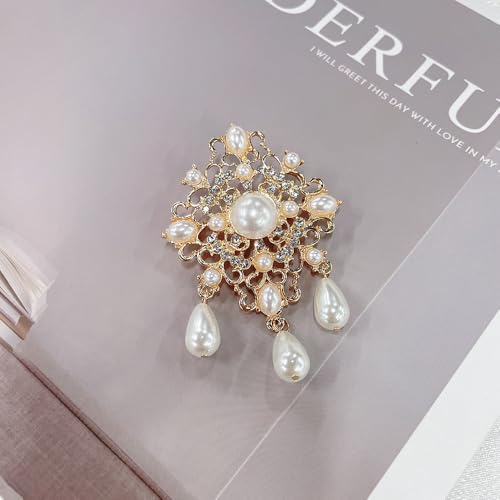 Vintage CZ Pearl Filigree Flower Brooch for Women Gold Plated Dainty Sparkly Crystal Faux Pearl Teardrop Dangle Drop Lapel Pins Elegant Dress Suit Bouquet Ceremony Accessories Wedding Party Jewelry