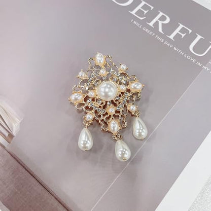 Vintage CZ Pearl Filigree Flower Brooch for Women Gold Plated Dainty Sparkly Crystal Faux Pearl Teardrop Dangle Drop Lapel Pins Elegant Dress Suit Bouquet Ceremony Accessories Wedding Party Jewelry