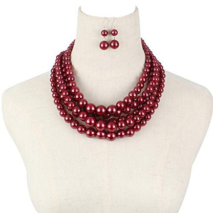 KOSMOS-LI Large Multi Layer Faux Pearl Strand Costume Jewelry Sets For Women Stocking Stuffers - color: Burgundy