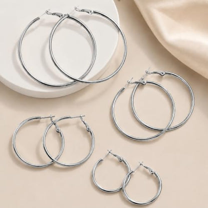 4/6 Pairs 14K Gold Plated Silver Hoop Earrings Set for Women Hypoallergenic | 30 40 50 60 mm, Lightweight Thin Hoops, 316L Surgical Stainless Steel for Sensitive Ears, Everyday Wear to Evening Outfits - color: 4 Pairs(30/40/50/60mm)-Silver