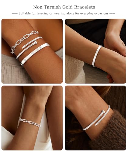 ZOERAY Silver Gold Bangle Bracelets for Women Non Tarnish 14k Gold Plated Stackable Cuff Bracelets for Women Trendy Cubic Zirconia Stainless Steel Chunky Bracelet Stack Set Waterproof Jewelry Gifts - color: E.Paperclip-Silver