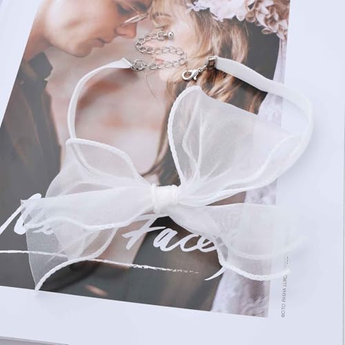 Boho Bow Lace Choker Necklaces Bow Ribbon Necklace Lace Bowknot Necklaces White Velvet Collar Necklace Big Bowtie Choker Cosplay Costume Christmas Halloween Jewelry for Women - color: White