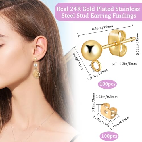 Beebeecraft 1 Box 100Pcs Ball Post Earring Studs Gold Earring Posts with Loop Small 5mm Round Ball 24K Gold Plated Stainless Steel Stud Earring Findings for Jewelry Making Earrings Supplies DIY Crafts - color: Gold, size: 5mm Ball