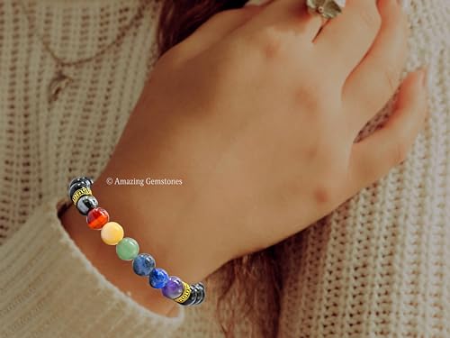 Amazing Gemstone Chakra with Black Obsidian Crystal Bracelet for Women Men's Gifts - Protection Healing Crystal Bracelet - 8mm Gemstone Beaded Stretchable Bracelet Pulseras Para Hombres Mujer Stocking Stuffers Mothers Day Gift - color: Chakra Bracelet (Bl