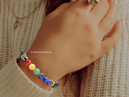 Amazing Gemstone Chakra with Black Obsidian Crystal Bracelet for Women Men's Gifts - Protection Healing Crystal Bracelet - 8mm Gemstone Beaded Stretchable Bracelet Pulseras Para Hombres Mujer Stocking Stuffers Mothers Day Gift - color: Chakra Bracelet (Bl