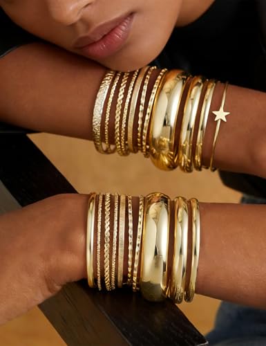 ÌF ME Gold Bangle Bracelets for Women, 19Pcs Multi Stackable Textured Bangles Set, 14K Gold Plated Chunky Bracelet Boho Jewelry Gifts - color: Gold-rotating twist