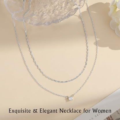 Yowivon Layered Gold Necklaces for Women, Dainty 14K Gold Plated Pendant Necklace, Non Tarnish Cubic Zirconia Stack Choker Necklace, Adjustable Hypoallergenic Trendy Jewelry Gift for Her - style: Silver-Zircon Pendant