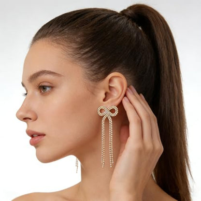 Rhinestone Earrings Dangling for Women Sparkly Silver Dangle Earrings Girls Long Chandelier Earrings Tassel Lightweight Ear Studs Cubic Zirconia (KE001S-W) - color: Bow 516286GL-WAB