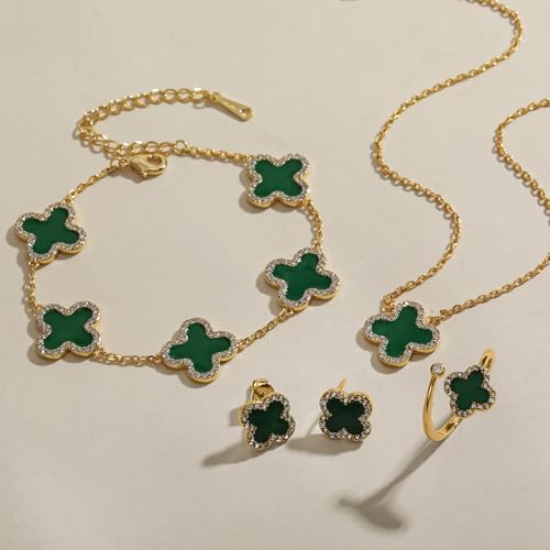 Qitian Clover Bracelet for Women 18K Gold Four Leaf Pink Lucky Link Clover Bracelets, Trendy Bracelets Set Jewelry Gifts for Women - color: L-Green Set