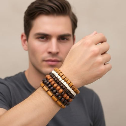 Wooden Mens Beaded Bracelets Adjustable Elasticity Mens Bracelet Multi-Layer Detachable Beaded Bracelets for Men - color: T-002