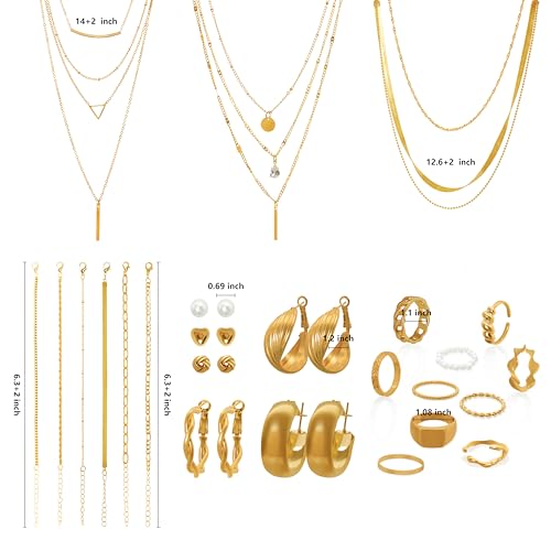 Fumwase Gold Jewelry Set for Women Fashion Costume Jewelry Multi Layered Necklaces Stackable Bracelets Hoop Earrings Knuckle Rings for Valentine Anniversary Birthday Gift Adult