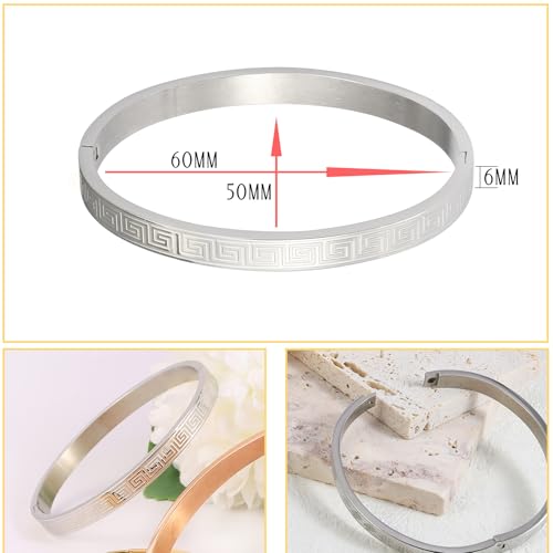 4/6/8MM Greek Key Meander Bracelet Oval Stainless Steel Bangle Cuff Gifts for Women Men - color: Silver, size: 6mm