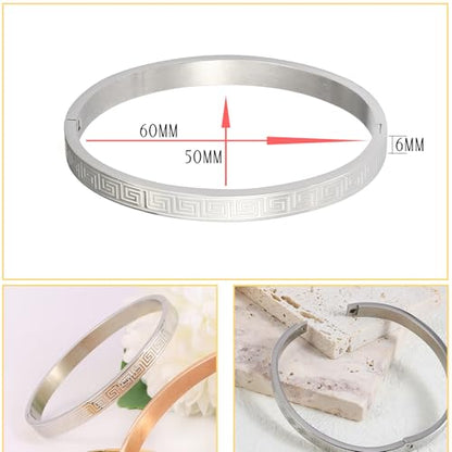4/6/8MM Greek Key Meander Bracelet Oval Stainless Steel Bangle Cuff Gifts for Women Men - color: Silver, size: 6mm