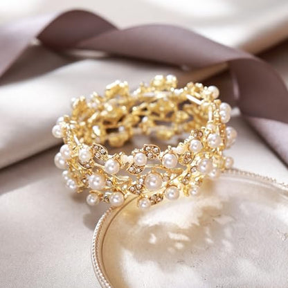 Crystal Cream Faux Pearl 1920s Vine Leaf Wedding Stretch Bracelet for Women | White Rhinestone Bridal Prom Jewelry - color: Gold-Plated-Base