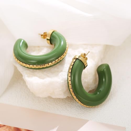 Gold Plated Resin Chunky Hoop Earrings Hypoallergenic Push Back Hoops for Sensitive Ears - color: Olive Green