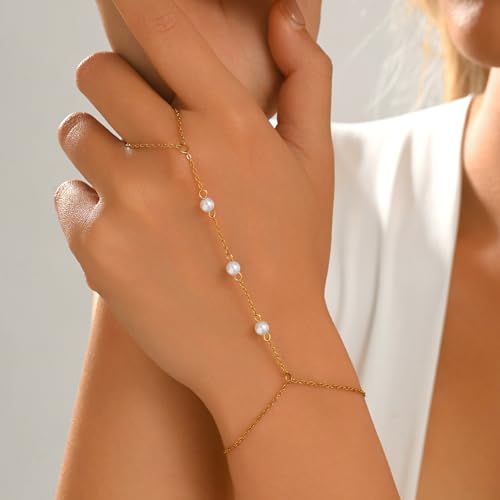 Dainty 18K Gold Plated Tiny Bracelets with Finger Ring for Women | Waterproof Hypoallergenic Adjustable Hand Harness Chain Jewelry - color: Three Pearl-GD