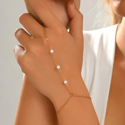Dainty 18K Gold Plated Tiny Bracelets with Finger Ring for Women | Waterproof Hypoallergenic Adjustable Hand Harness Chain Jewelry - color: Three Pearl-GD