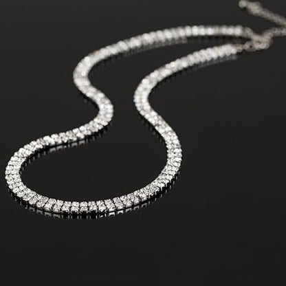 HERIER Tennis Necklace for Women 14K Gold Plated or Silver Rhinestone Choker Necklaces Dainty Zirconia Cut Faux Diamond chain 3mm - color: Silver-2 row tennis