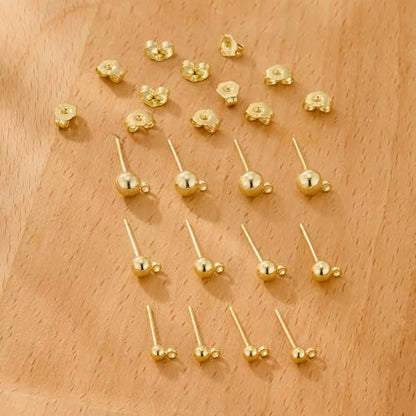 12Pcs Gold Earrings Making Supplies Ball Studs Post with Loop Ear Backs | Hypoallergenic 3/4/5mm Ball/Flat Stud Post Replace Butterfly Ear Backs for Dangle Charm Pendant Earring Jewelry Making Set - color: Ball_Gold