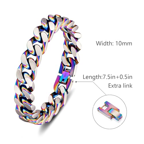 Mens Bracelet-Stainless Steel Fold Over Clasp Cuban Chain-Bracelets for Men - color: E-Colors