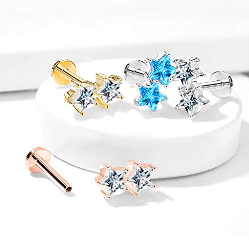 Pierced Owl - 16GA Twin CZ Crystal Star Top Monroe Labret Cartilage Ear Stud - style: Silver Tone/Aqua