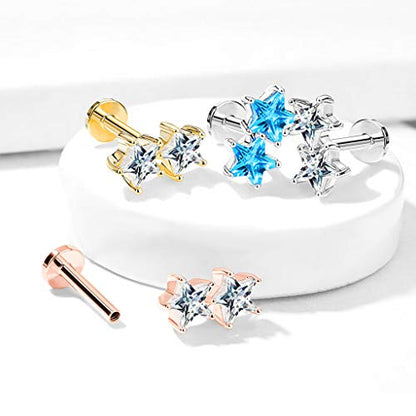 Pierced Owl - 16GA Twin CZ Crystal Star Top Monroe Labret Cartilage Ear Stud - style: Silver Tone/Aqua