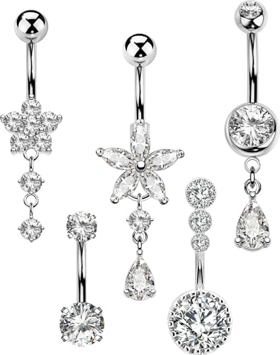 5PCS Belly Button Rings for Women Girls, 14G Surgical Steel Navel Rings Set, Gold & Silver CZ Dangle Body Piercing Jewelry - color: Silver-Flower