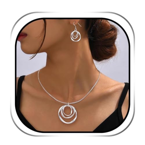 3 Circles Silver Hoop Earrings Necklace Set for Women Geometric Jewelry Set | 925 Silver Hypoallergenic Small Hoop Circle Geometry Textured Finish Minimalist Style Comfortable Wear - style: Silver