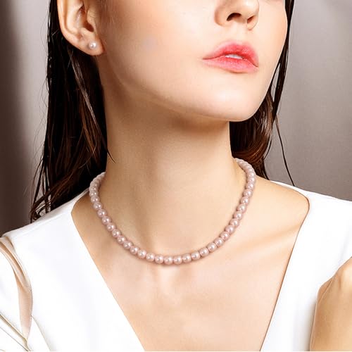 EVER FAITH Dainty Round Imitation Pearl Strand Necklace Stud Earrings Delicate Wedding Costume Prom Faux Pearls Jewelry for Women Bride - color: Pink Pearl, size: 8mm