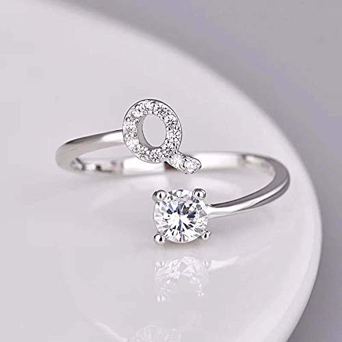 FUTIMELY Initial Letter Ring Alphabet Ring A-Z Silver Crystal Open Adjustable Personalized Initial Ring for Women - style: Q