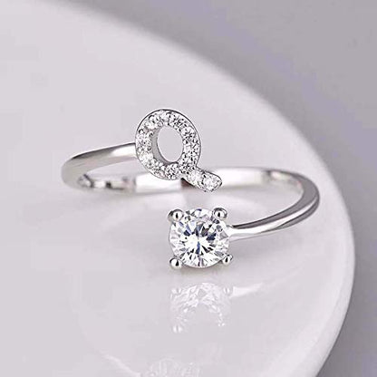 FUTIMELY Initial Letter Ring Alphabet Ring A-Z Silver Crystal Open Adjustable Personalized Initial Ring for Women - style: Q