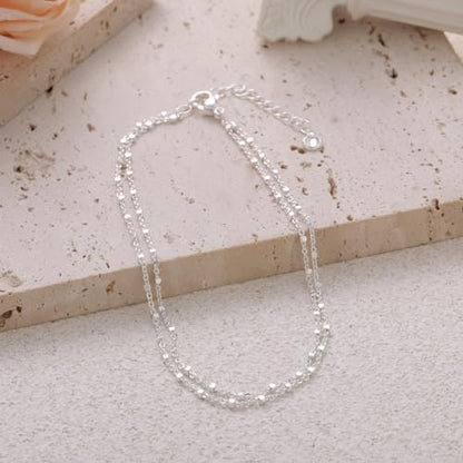 Rotnso Anklets for Women 14K Gold Silver Plated Ankle Bracelets Trendy Waterproof Boho Anklets Set Adjustable Dainty Cute Diamond Beaded Heart Non Tarnish Summer Beach Jewelry Gift - style: 2 Layered Square Bead-SL
