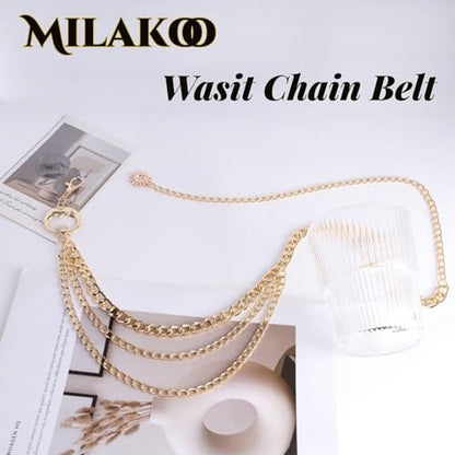 3 Layered Metal Waist Chain Belt for Women Moon & Sun Belly Belt Body Chain Jewelry for Dress Jeans - color: 02 Gold