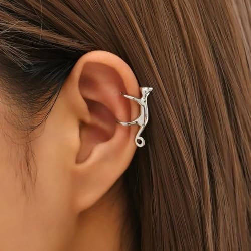 Sterling Cat Ear Cuff for Women, Cute No Piercing Cat Climber Earrings, Dainty Animal Crawler Cartilage Gifts - color: Silver