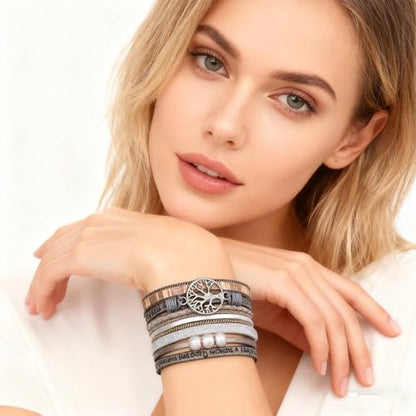 Leather Wrap Bracelets for Women, Boho Leopard Multi-Layer Crystal Beads Cuff Jewelry - color: J-Warp-005