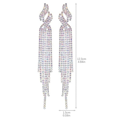 Rhinestone Tassel Earrings Sparkly Long Fringe Crystal Chandelier Dangle Drop Earrings Wedding Party Prom Earrings Premium Iridescent Earrings Wedding Party Jewelry Gifts for Women - color: Silver3