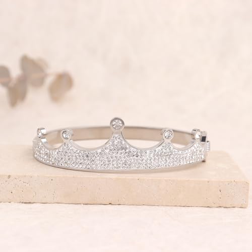 14k Gold Plated Cubic Zirconia Bangle Classic Bracelets for Woman, Sparkly Rhinestones Crown Bangle Stainless Steel Stackable Cuff Bracelet Trendy Statement Jewelry Gifts - color: SilverCrown